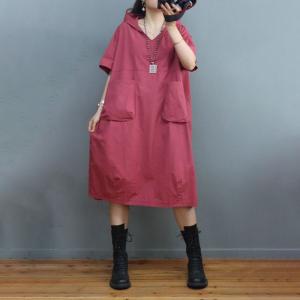 Front Pockets Cotton Hooded Dress Plus Size Casual Dress