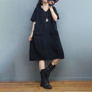 Front Pockets Cotton Hooded Dress Plus Size Casual Dress