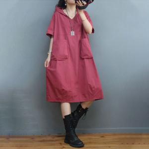 Front Pockets Cotton Hooded Dress Plus Size Casual Dress