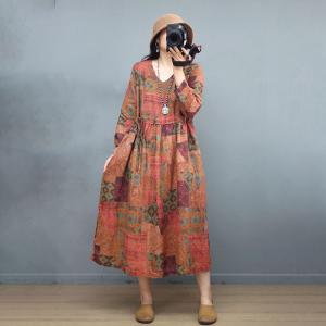 Tied Waist Loose Vacation Dress Ramie Floral Beach Dress