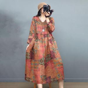 Tied Waist Loose Vacation Dress Ramie Floral Beach Dress