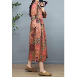 Tied Waist Loose Vacation Dress Ramie Floral Beach Dress