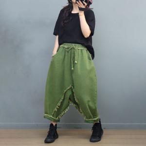 Street Fashion Fringed Harem Pants Baggy Green Fisherman Pants