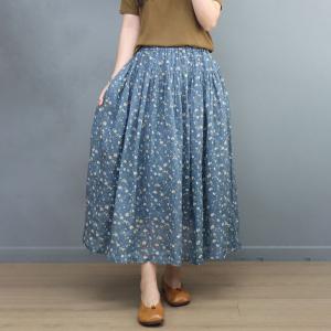 Summer Blue Floral Skirt Ramie A-Line Maxi Skirt