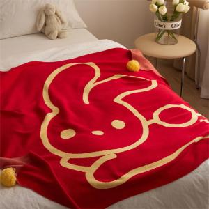 Yellow Rabbit Red Blanket Cozy Cotton Bedding Throw