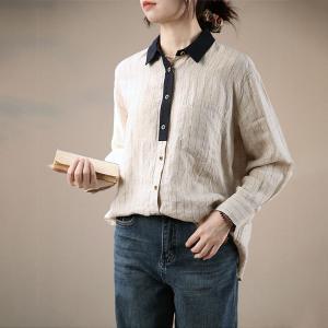 Vertical Pinstriped Linen Shirt Womens Oversized Henley Shirt