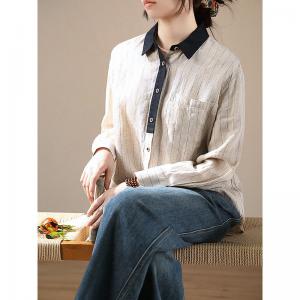 Vertical Pinstriped Linen Shirt Womens Oversized Henley Shirt