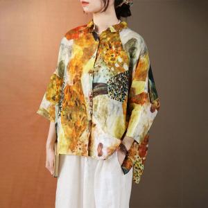 Spring Yellow Painted Blouse Ramie Oversized Shirt for Women
