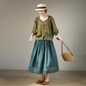 Puff Sleeves Green Painted Blouse Short Pleated Summer Blouse