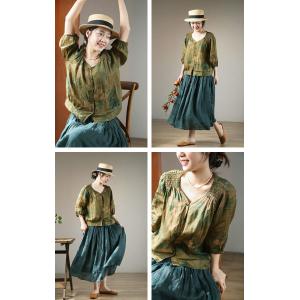 Puff Sleeves Green Painted Blouse Short Pleated Summer Blouse