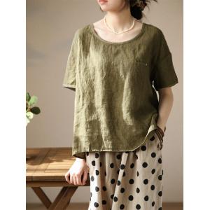 Crew Neck Short Sleeves Linen Lime Green T-shirt with Chest Pocket