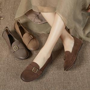 Summer Cowhide Pointed Toe Flats Buckle Straps Low Top Flats