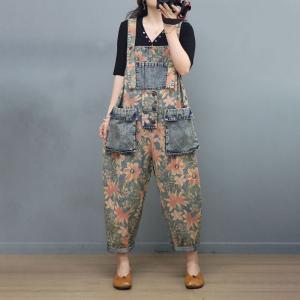 Multi-Pockets Floral Overalls Summer Printed 90s Overalls