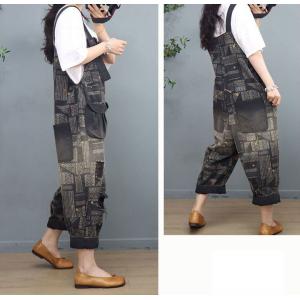 Vertical Pockets Ripped Overalls Baggy Floral Gardening Outfits