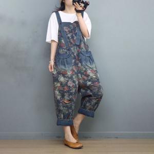 Vertical Pockets Ripped Overalls Baggy Floral Gardening Outfits