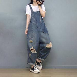 Relax-Fit Ripped 90s Overalls Denim Adjustable Straps Dungarees
