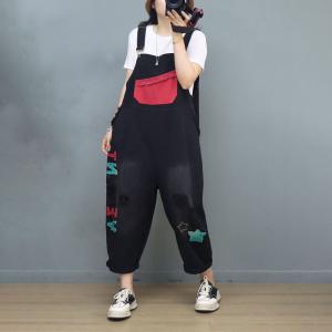 Letter Patchwork Black Travel Overalls Adjustable Straps Baggy Overalls