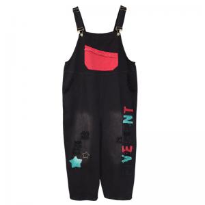 Letter Patchwork Black Travel Overalls Adjustable Straps Baggy Overalls