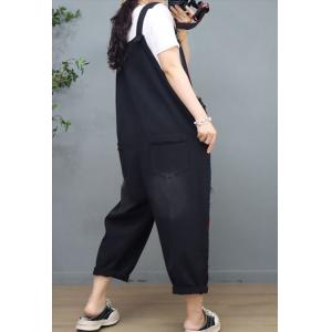 Letter Patchwork Black Travel Overalls Adjustable Straps Baggy Overalls