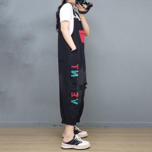 Letter Patchwork Black Travel Overalls Adjustable Straps Baggy Overalls