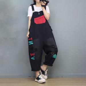 Letter Patchwork Black Travel Overalls Adjustable Straps Baggy Overalls