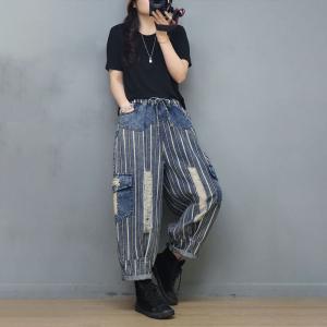 Vertical Striped Straight Leg Jeans Womens Baggy Camo Ripped Jeans