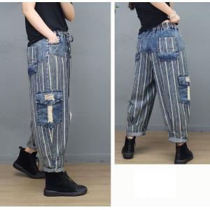 Vertical Striped Straight Leg Jeans Womens Baggy Camo Ripped Jeans