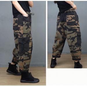 Vertical Striped Straight Leg Jeans Womens Baggy Camo Ripped Jeans