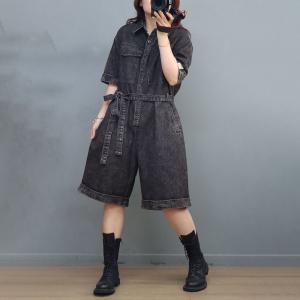 Polo Neck Tied Rompers Wide Leg Denim Rompers for Women