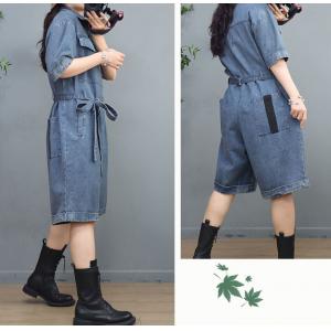 Polo Neck Tied Rompers Wide Leg Denim Rompers for Women