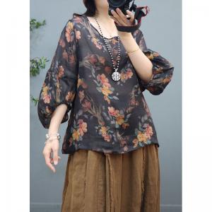 Puff Sleeves Black Ramie Blouse Chinese Buttons Beach Shirt