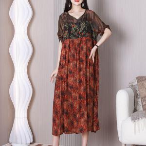 V-Neck Red Floral Resort Dress Summer Silk Shift Dress