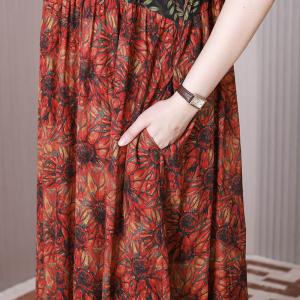 V-Neck Red Floral Resort Dress Summer Silk Shift Dress