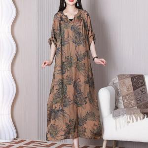 Bamboo Painted Loose Summer Dress Half Sleeves Travel Dress