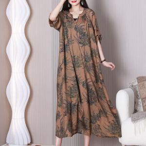 Bamboo Painted Loose Summer Dress Half Sleeves Travel Dress