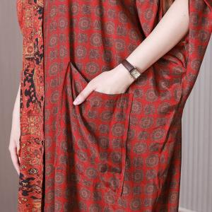 Folk Red Totem Shirt Dress Plus Size Resort Cardigan