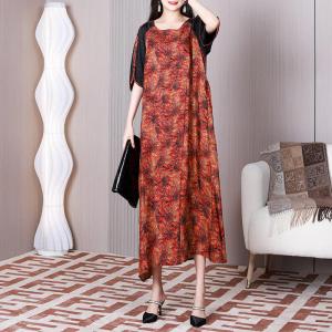 Black Sleeves Flowers Tied Dress Loose Maxi Tropical Dress