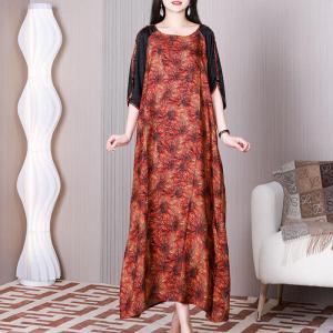 Black Sleeves Flowers Tied Dress Loose Maxi Tropical Dress