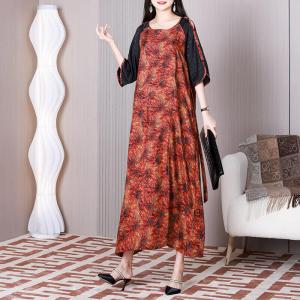 Black Sleeves Flowers Tied Dress Loose Maxi Tropical Dress