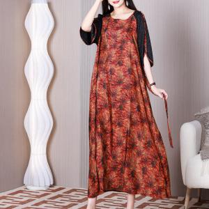 Black Sleeves Flowers Tied Dress Loose Maxi Tropical Dress