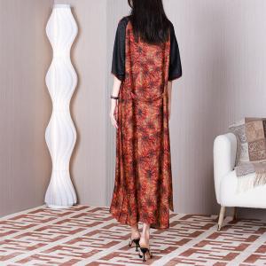 Black Sleeves Flowers Tied Dress Loose Maxi Tropical Dress