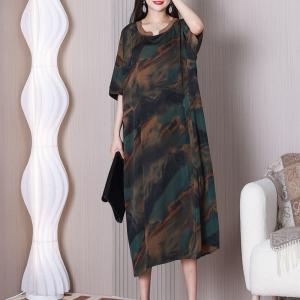 Silk Satin Painted Senior Women Dress Summer Plus Size Caftan