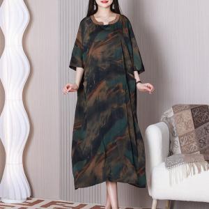 Silk Satin Painted Senior Women Dress Summer Plus Size Caftan