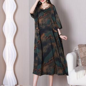 Silk Satin Painted Senior Women Dress Summer Plus Size Caftan