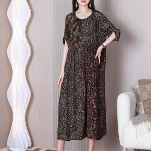 Empire Waist Black Floral Dress 50s Fashion Summer Loose Dress