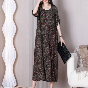 Empire Waist Black Floral Dress 50s Fashion Summer Loose Dress