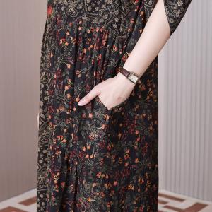 Empire Waist Black Floral Dress 50s Fashion Summer Loose Dress