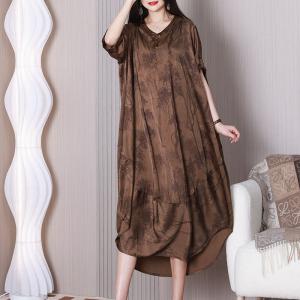 Tree Painted Plus Size Cocoon Dress Coffee Elegant Caftan Dress