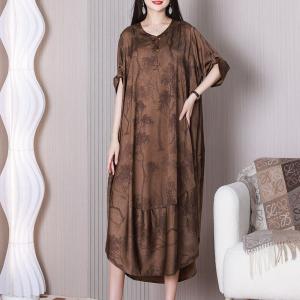 Tree Painted Plus Size Cocoon Dress Coffee Elegant Caftan Dress