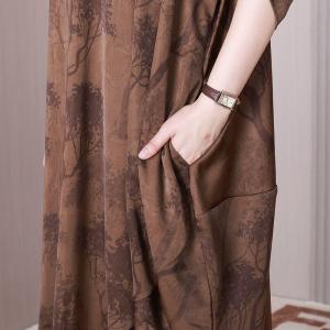 Tree Painted Plus Size Cocoon Dress Coffee Elegant Caftan Dress